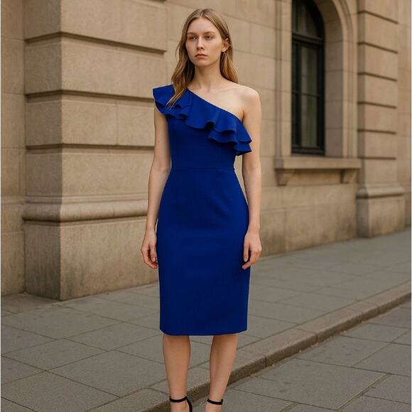 Marina Dress Size 8 Knee Pencil One Shoulder Ruffle Rosette Crepe Stretch Event - Picture 1 of 14